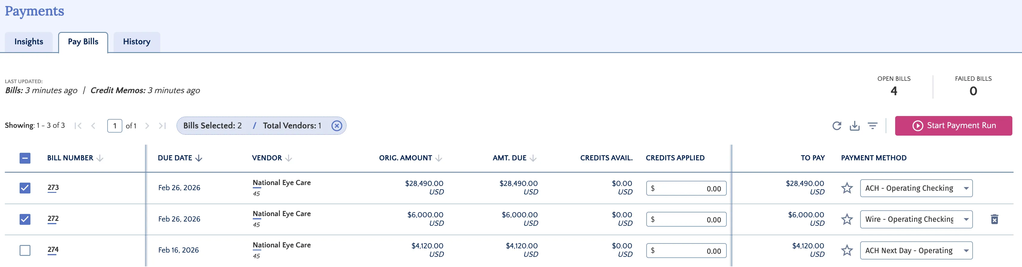 Select Bills and Add to Payment Run