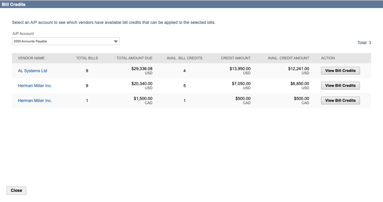 Select Vendor to Apply Bill Credits