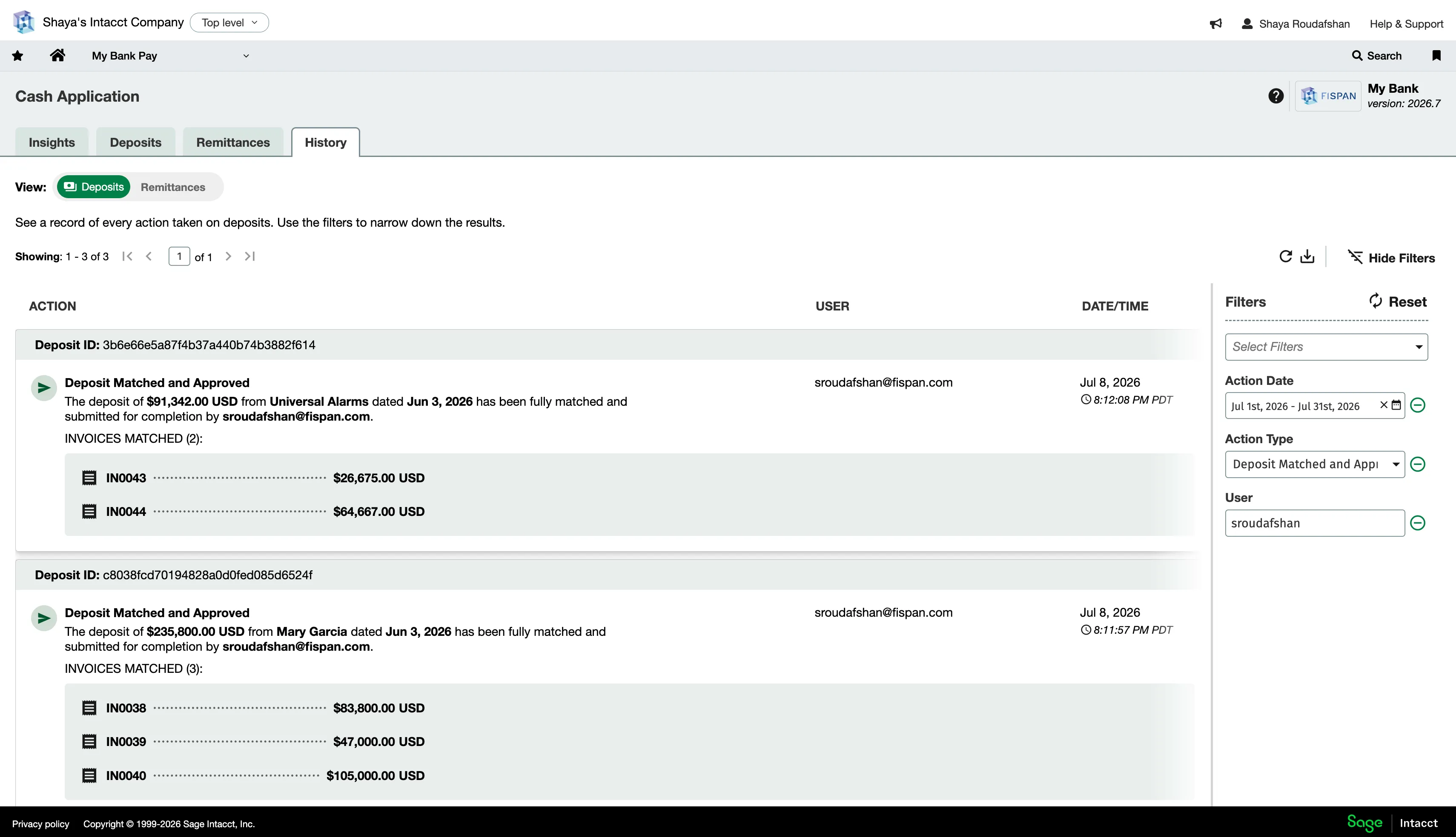 History tab and filters