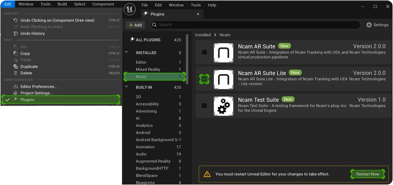 Loading the Ncam AR Suite Lite plug-in requires Unreal to be restarted Loading the Ncam AR Suite Lite plug-in requires Unreal to be restarted