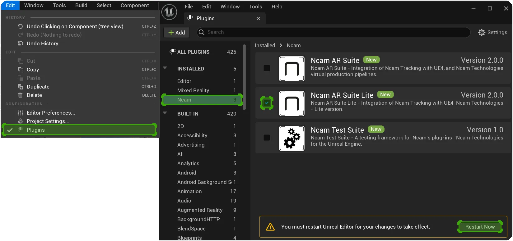 Loading the Ncam AR Suite Lite plug-in requires Unreal to be restarted