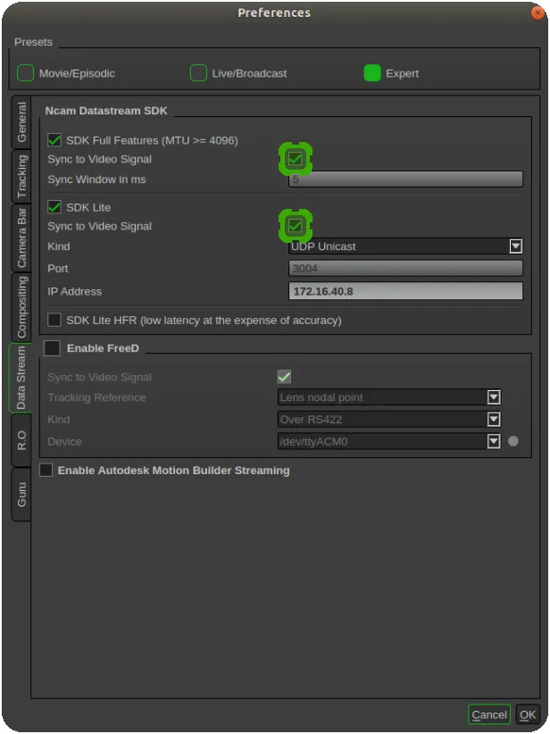 The Ncam Data Stream Preferences tab with the "Sync To Video Signal" options enabled.