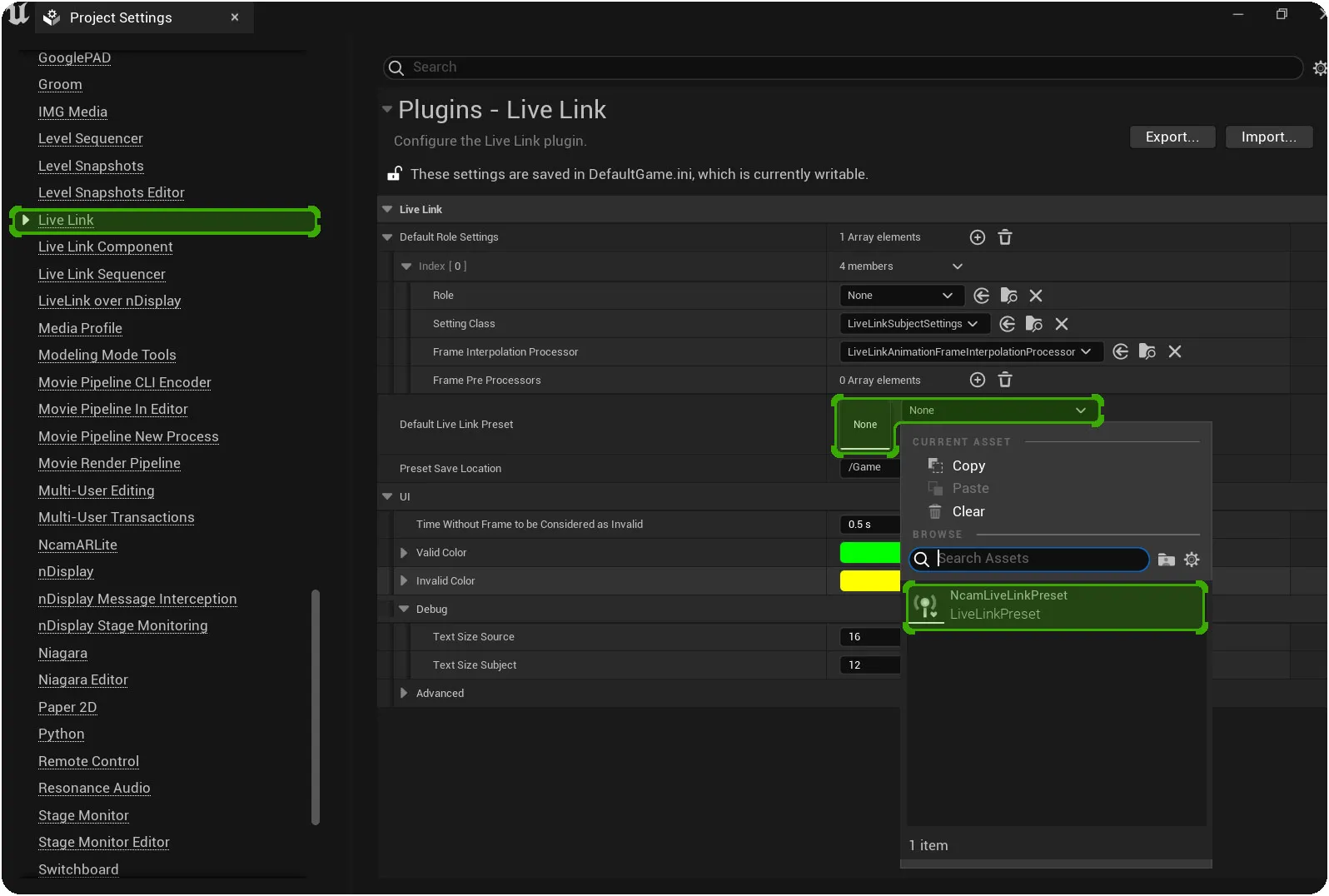 Setting a default LiveLink Preset ensures that it is loaded on start-up Setting a default LiveLink Preset ensures that it is loaded on start-up