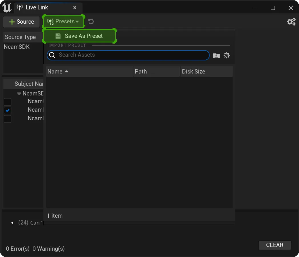 Create a new LiveLink Preset for the NcamSDK Source Create a new LiveLink Preset for the NcamSDK Source