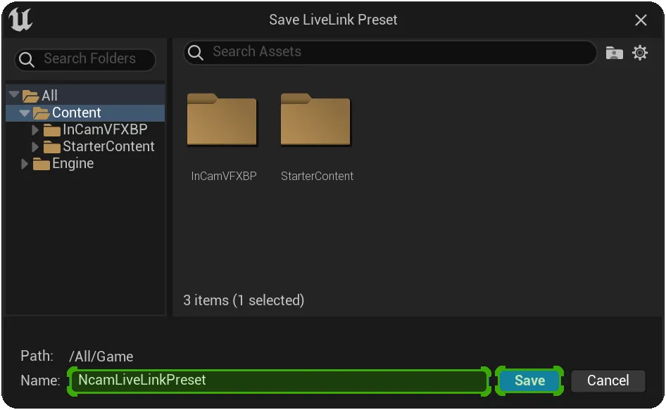 Choose an appropriate name for the new LiveLink Preset