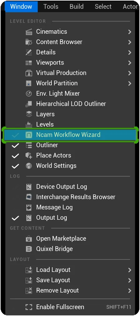 The Ncam Workflow Wizard can be opened from the Window menu The Ncam Workflow Wizard can be opened from the Window menu