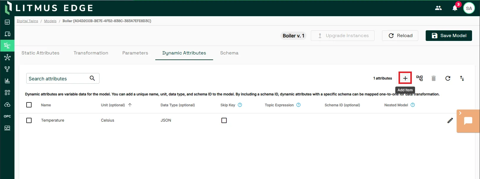 Dynamic Attributes tab with the Add item icon