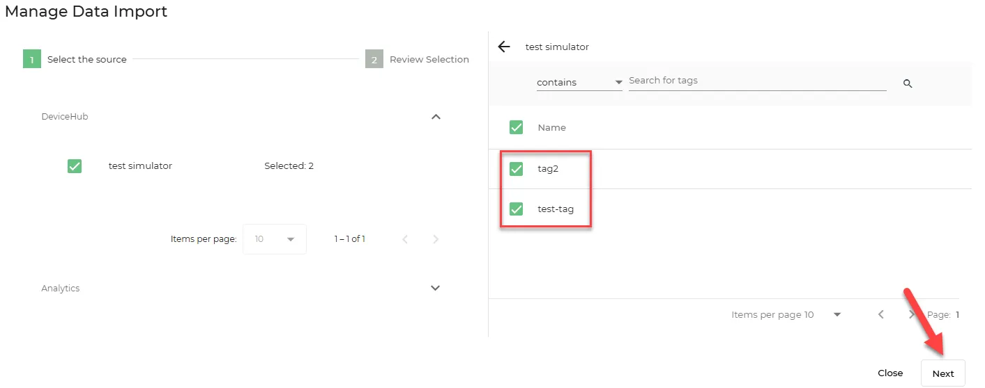 Manage Data Import dialog box 