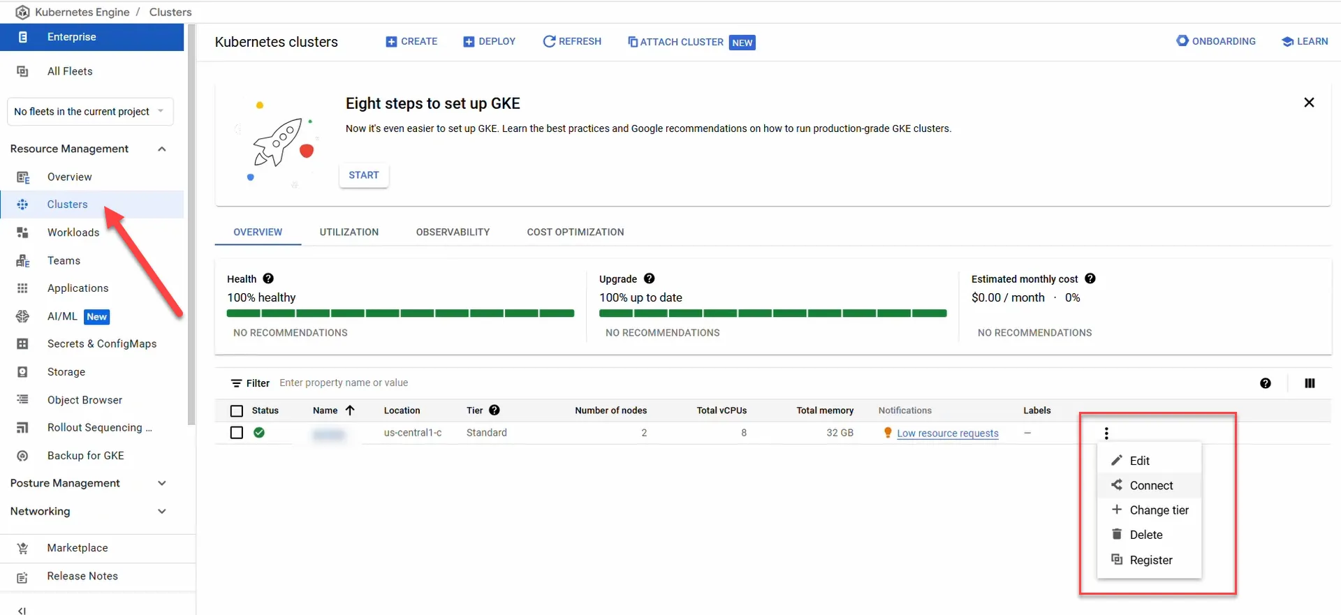 GKE Clusters page