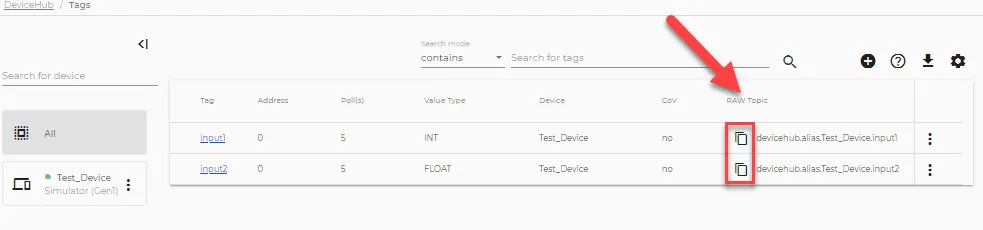 DeviceHub Tags page DeviceHub Tags page