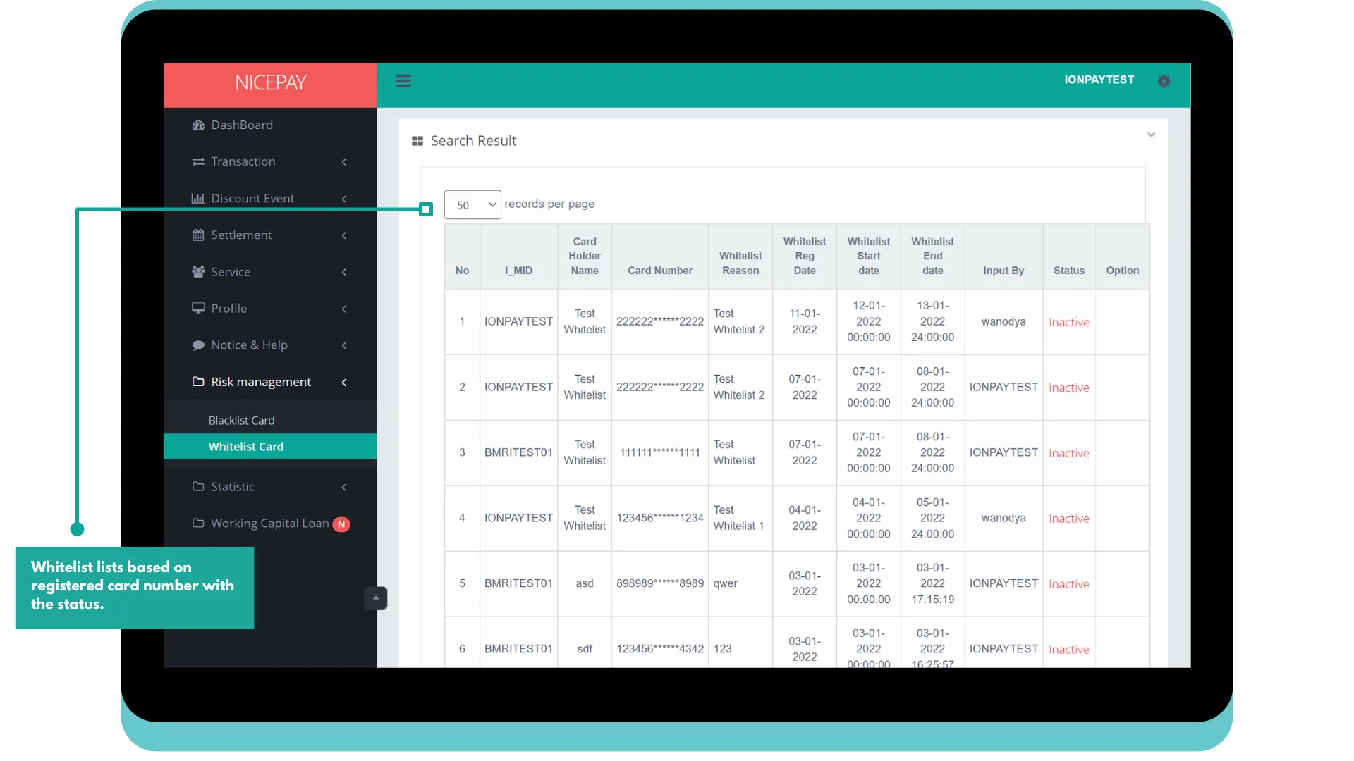 Whitelist Card - Search Result - By Card Number Whitelist Card - Search Result - By Card Number