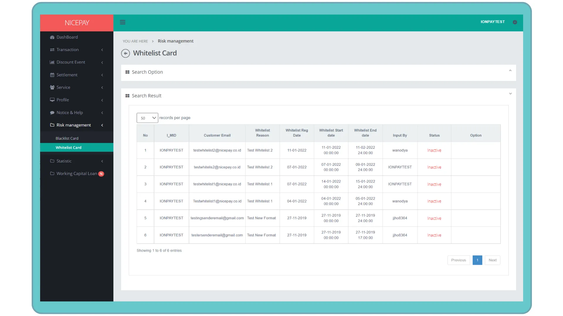 Risk Management - Whitelist Card - Search Result