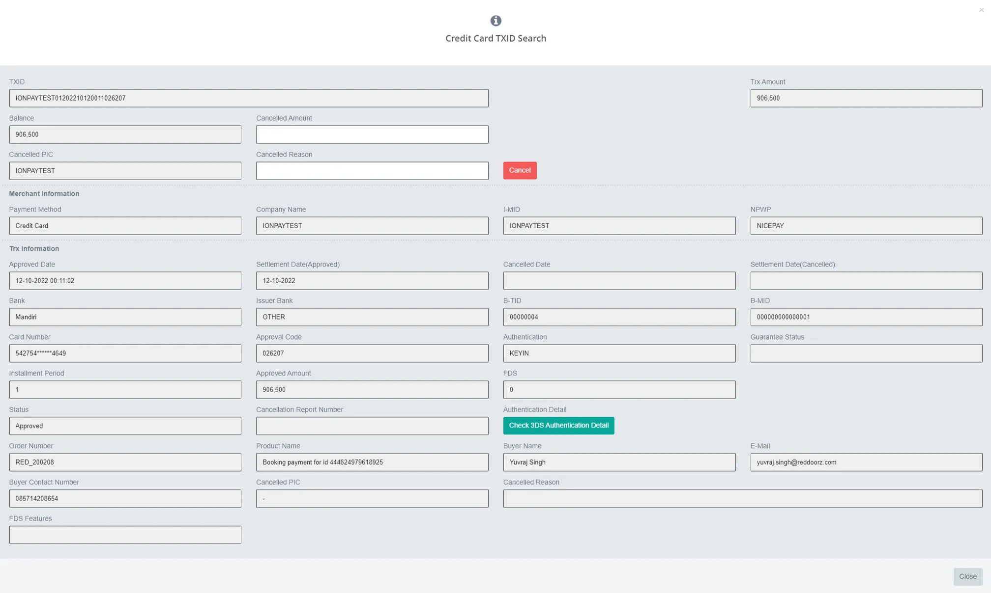 Credit Card - Transaction Information