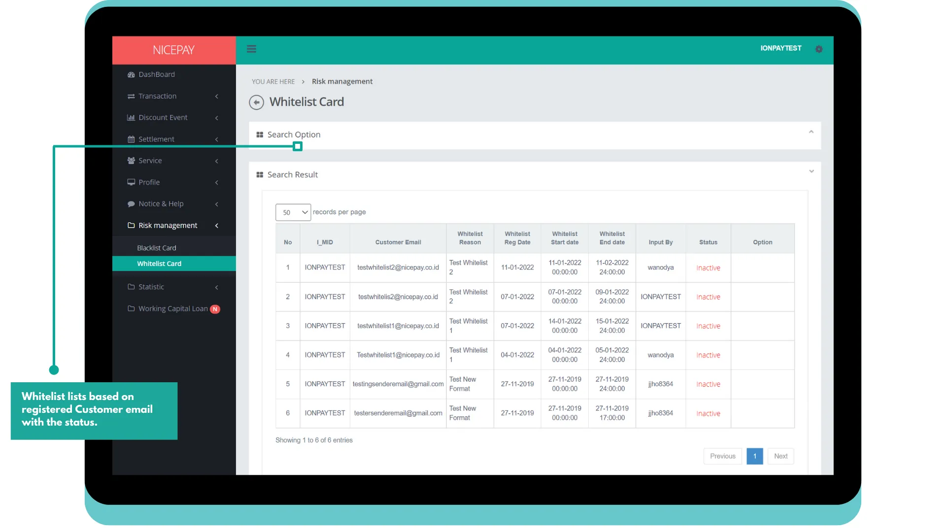 Whitelist Card - Search Result - By Customer Email Whitelist Card - Search Result - By Customer Email