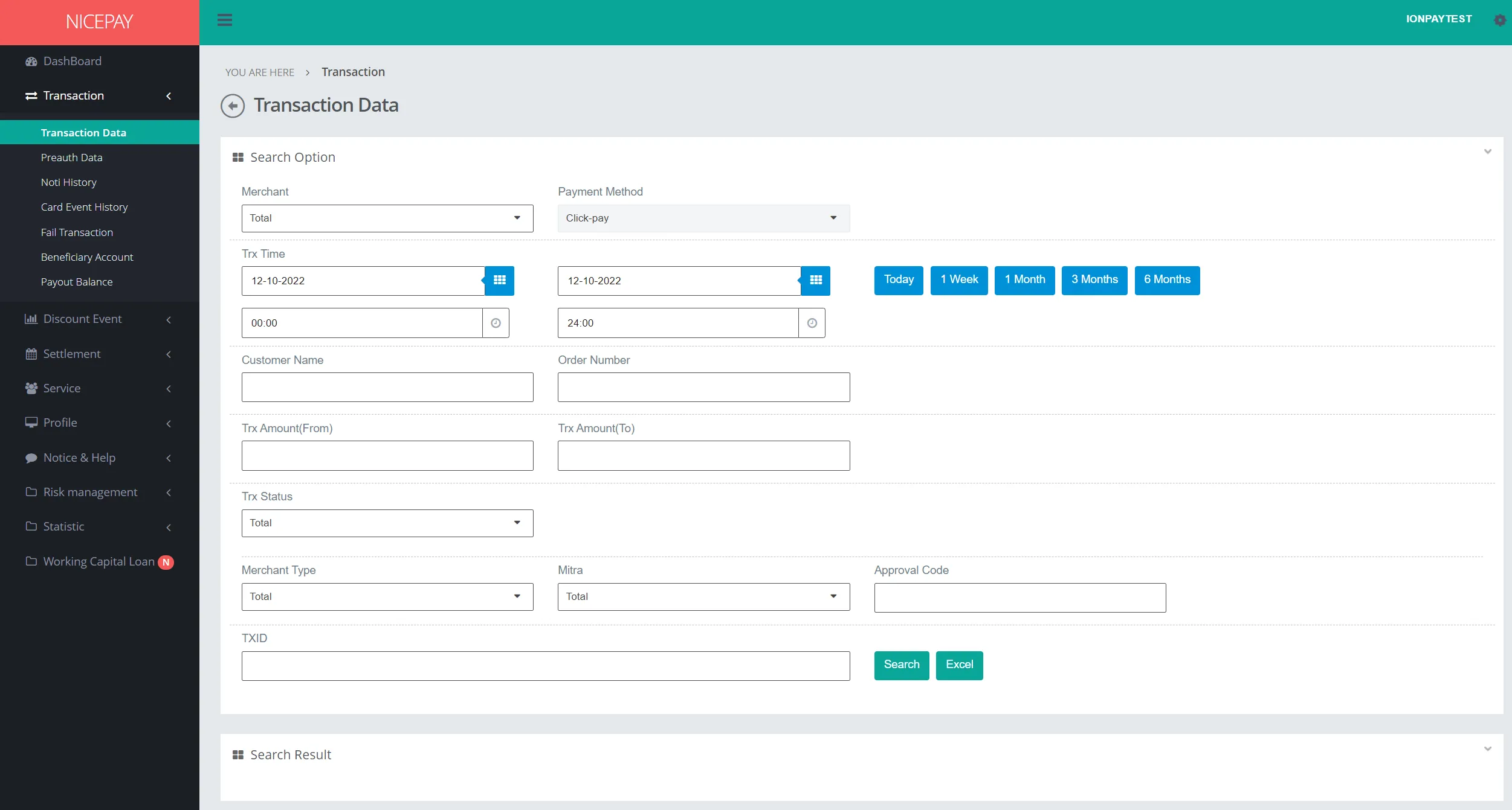 Transaction Data - Search Option - Click Pay