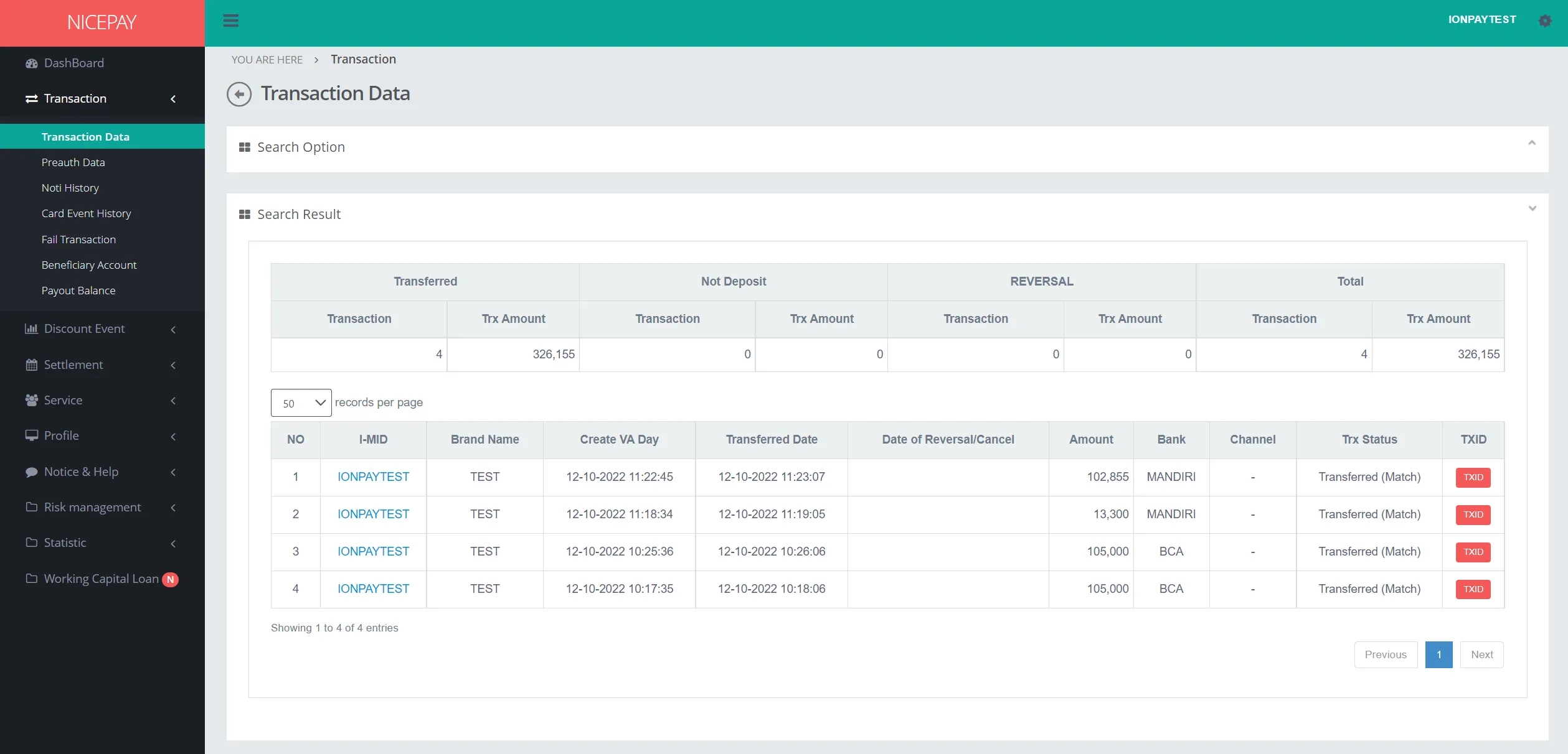 Transaction Data - Search Result - Virtual Account