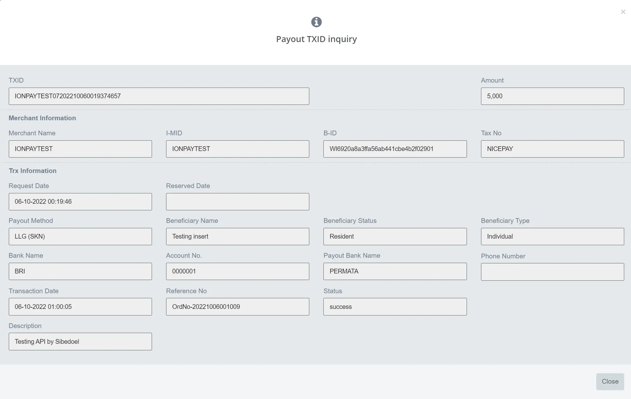 Payout - Transaction Information Payout - Transaction Information