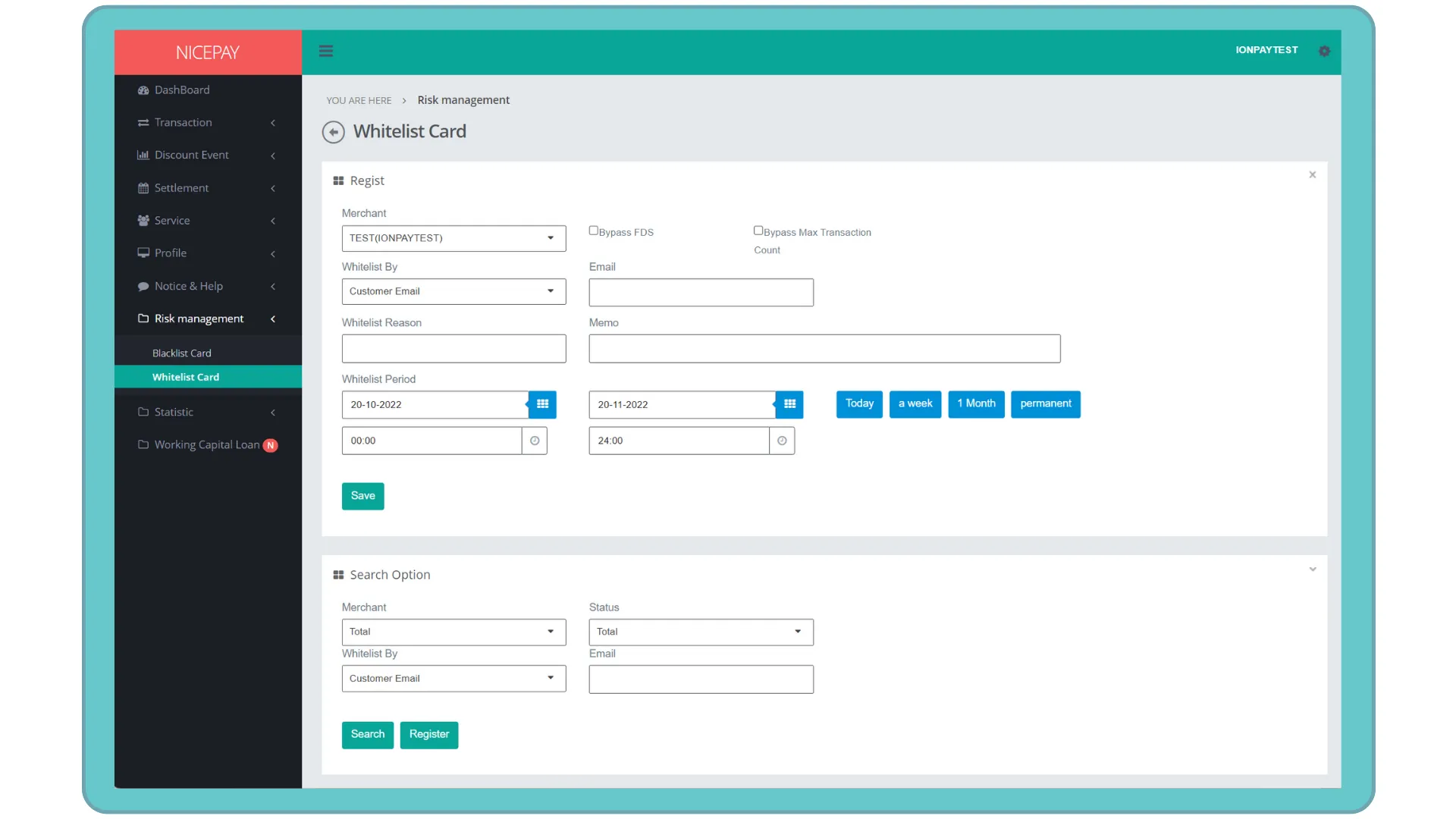 Risk Management - Whitelist Card - Search Option Risk Management - Whitelist Card - Search Option