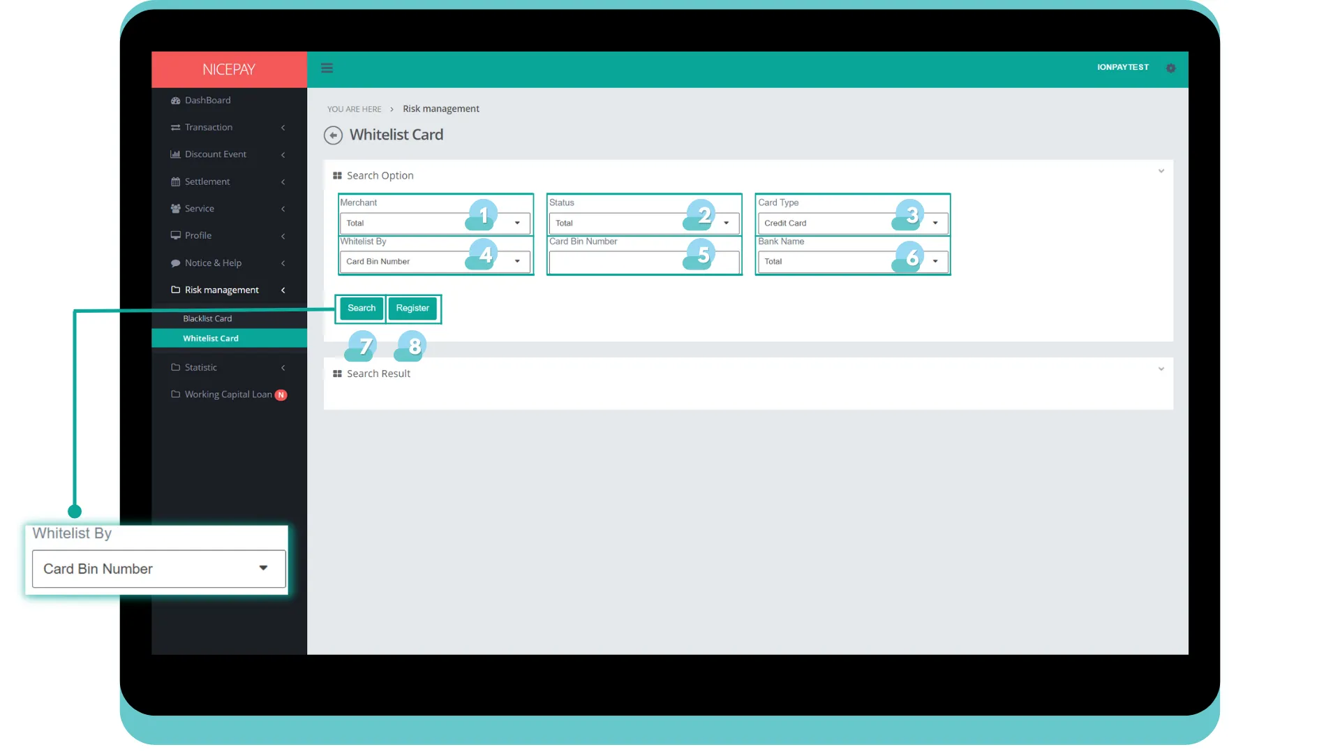 Whitelist Card - Search Option - By Card Bin Number Whitelist Card - Search Option - By Card Bin Number