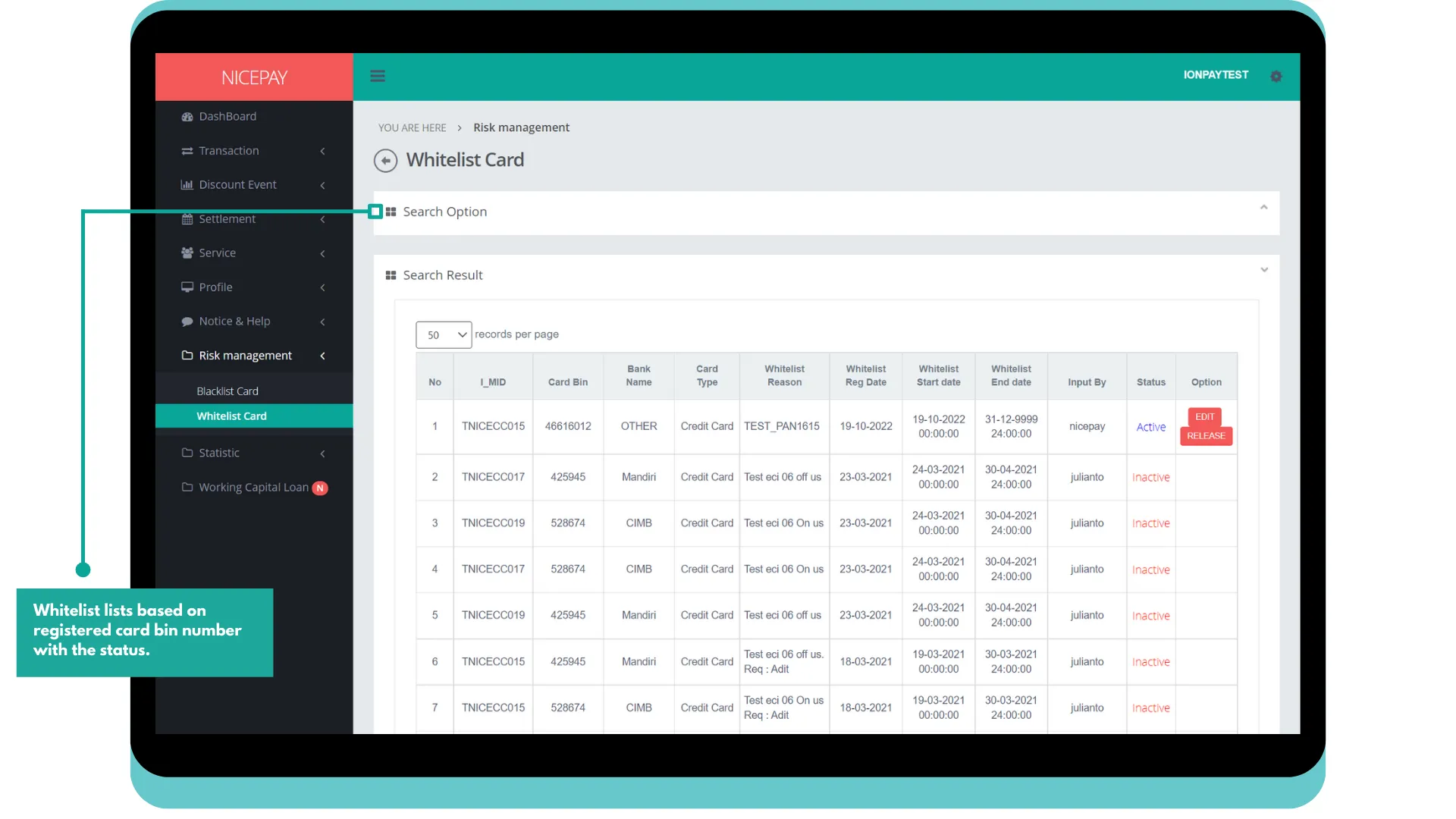 Whitelist Card - Search Result - By Card Bin Number Whitelist Card - Search Result - By Card Bin Number