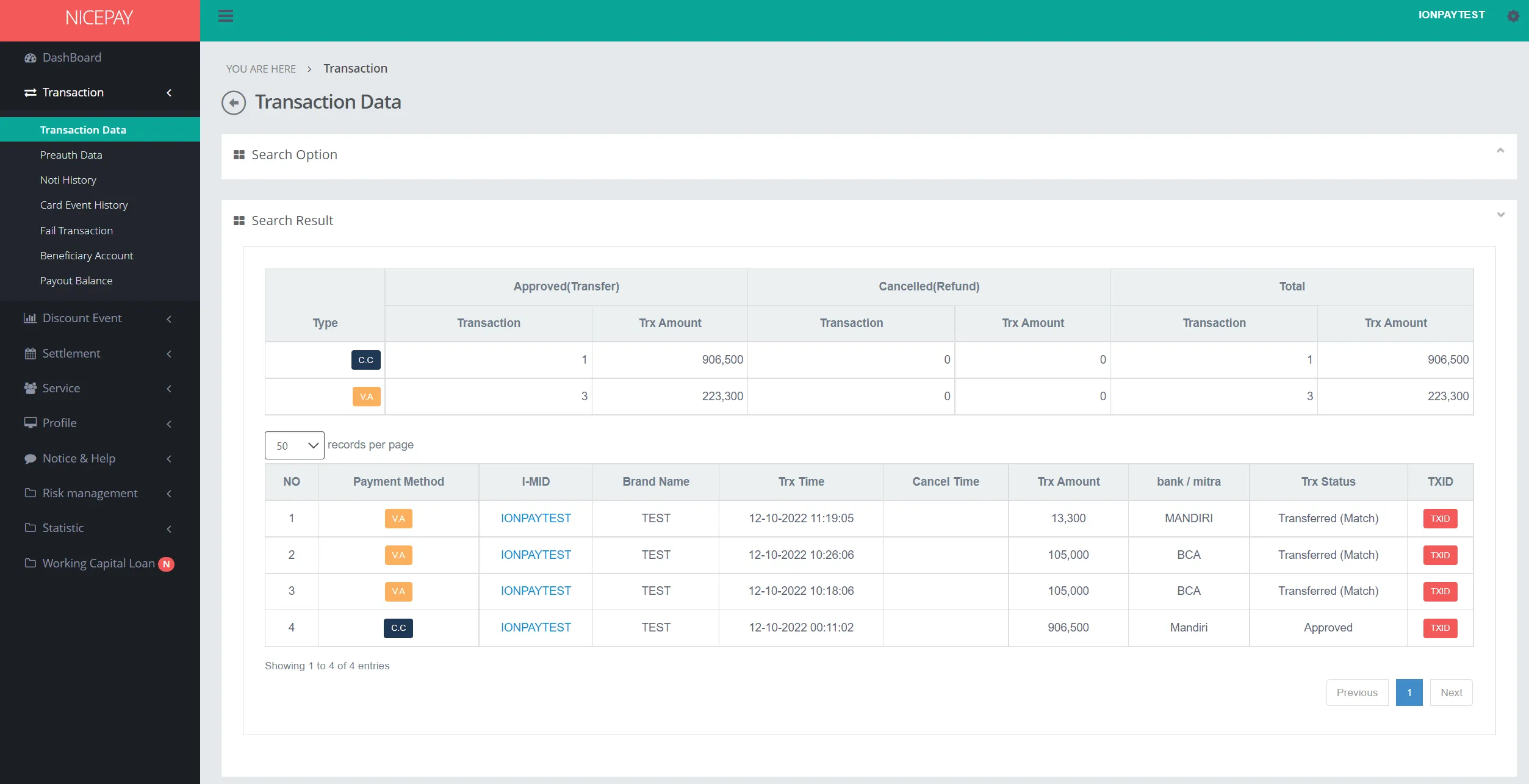 Transaction Data - Search Result - All Payment Method