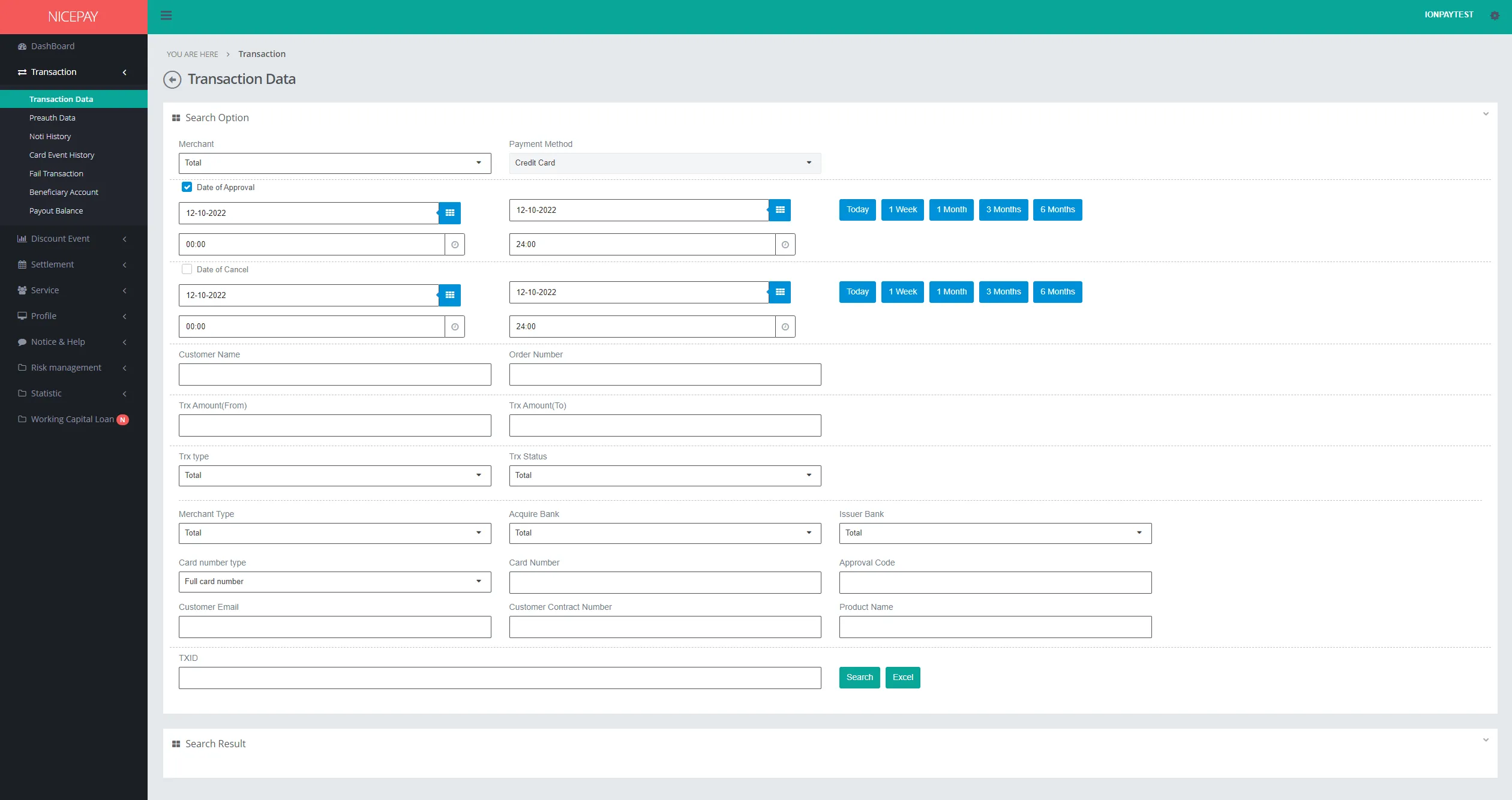 Transaction Data - Search Option - Credit Card Transaction Data - Search Option - Credit Card