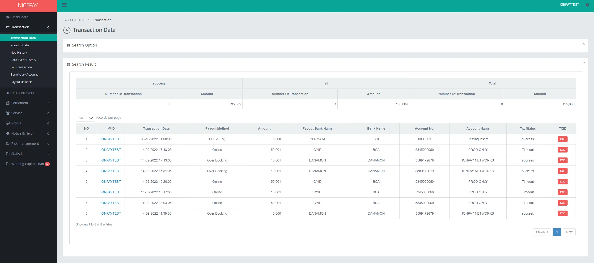 Transaction Data - Search Result - Payout