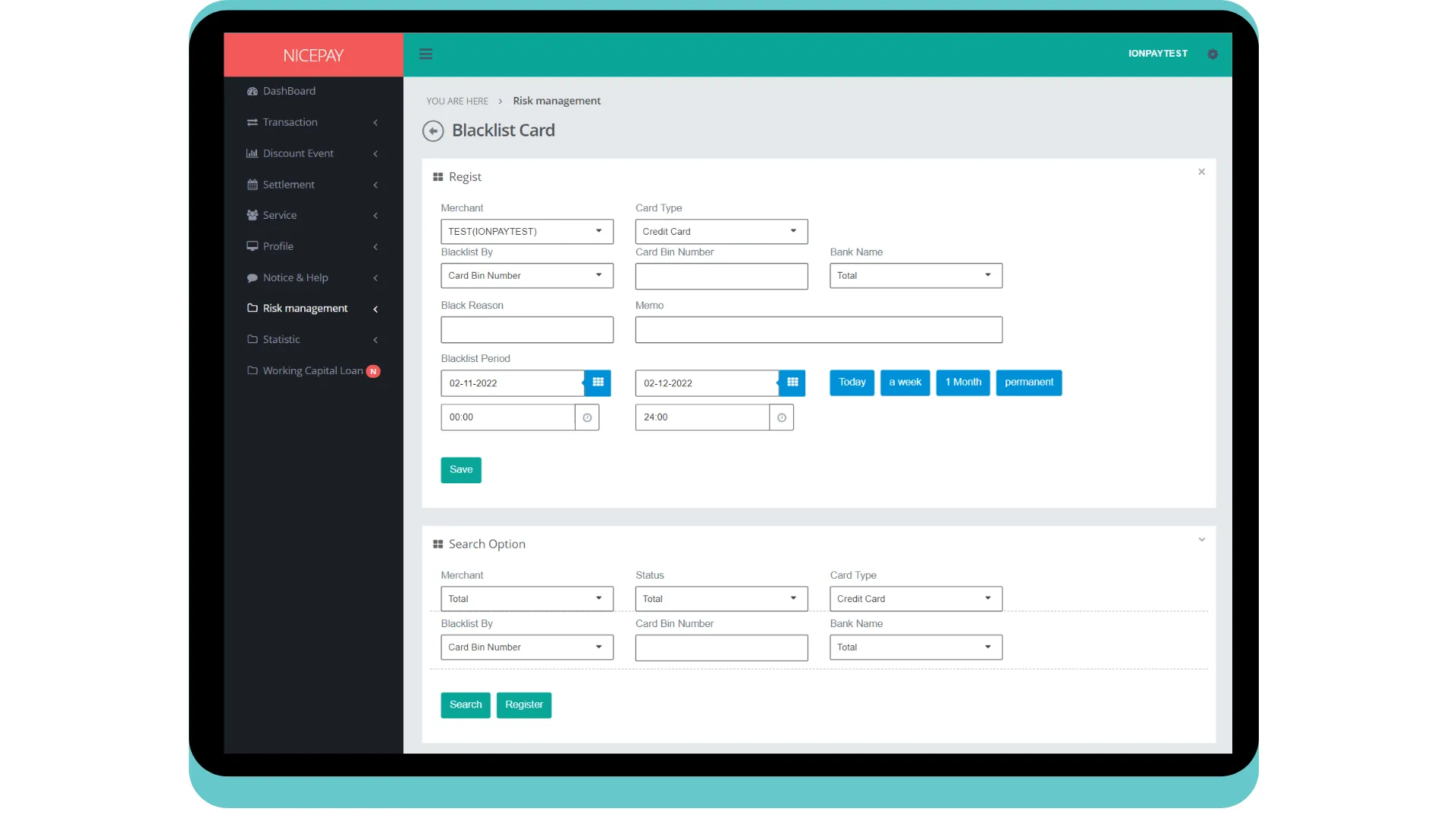 Blacklist Card - Regist - By Card Bin Number