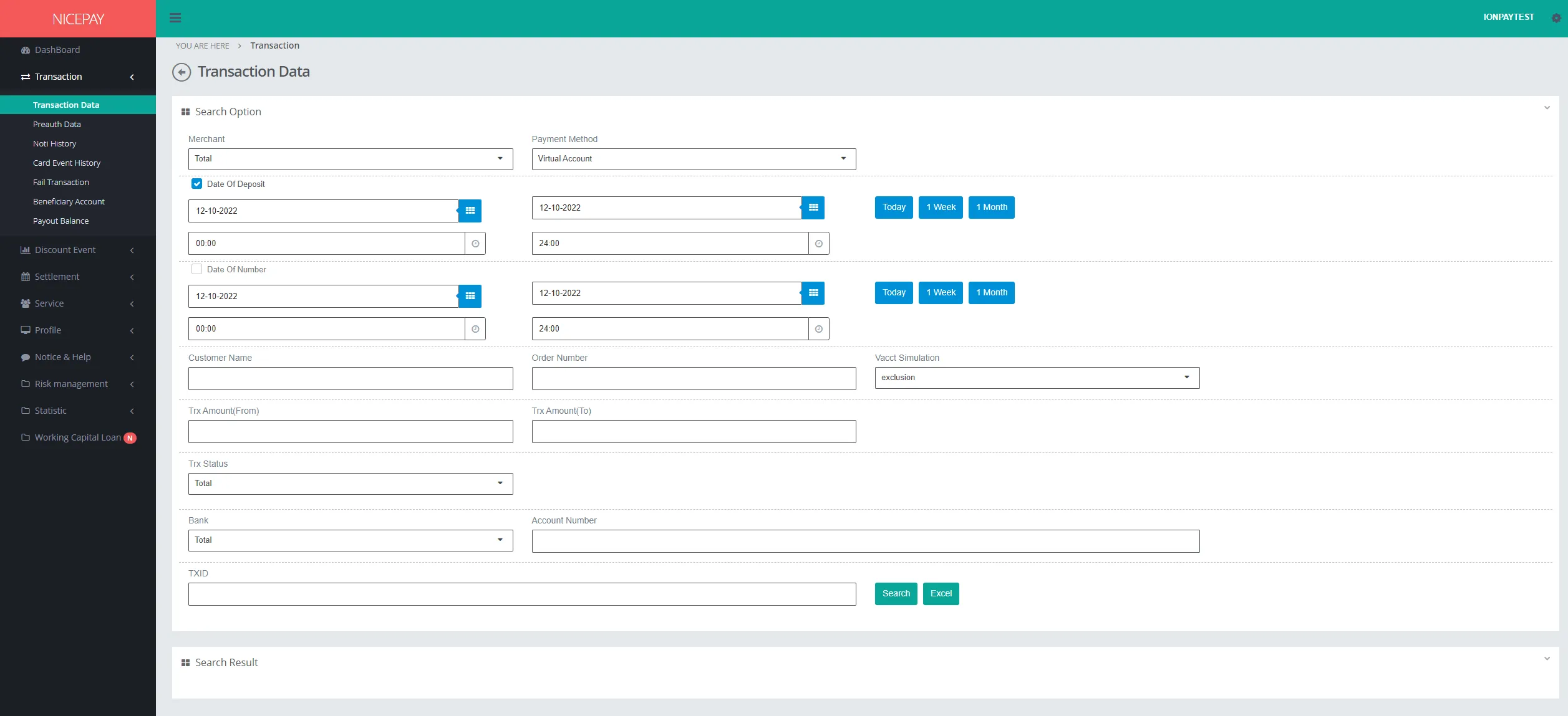 Transaction Data - Search Option - Virtual Account