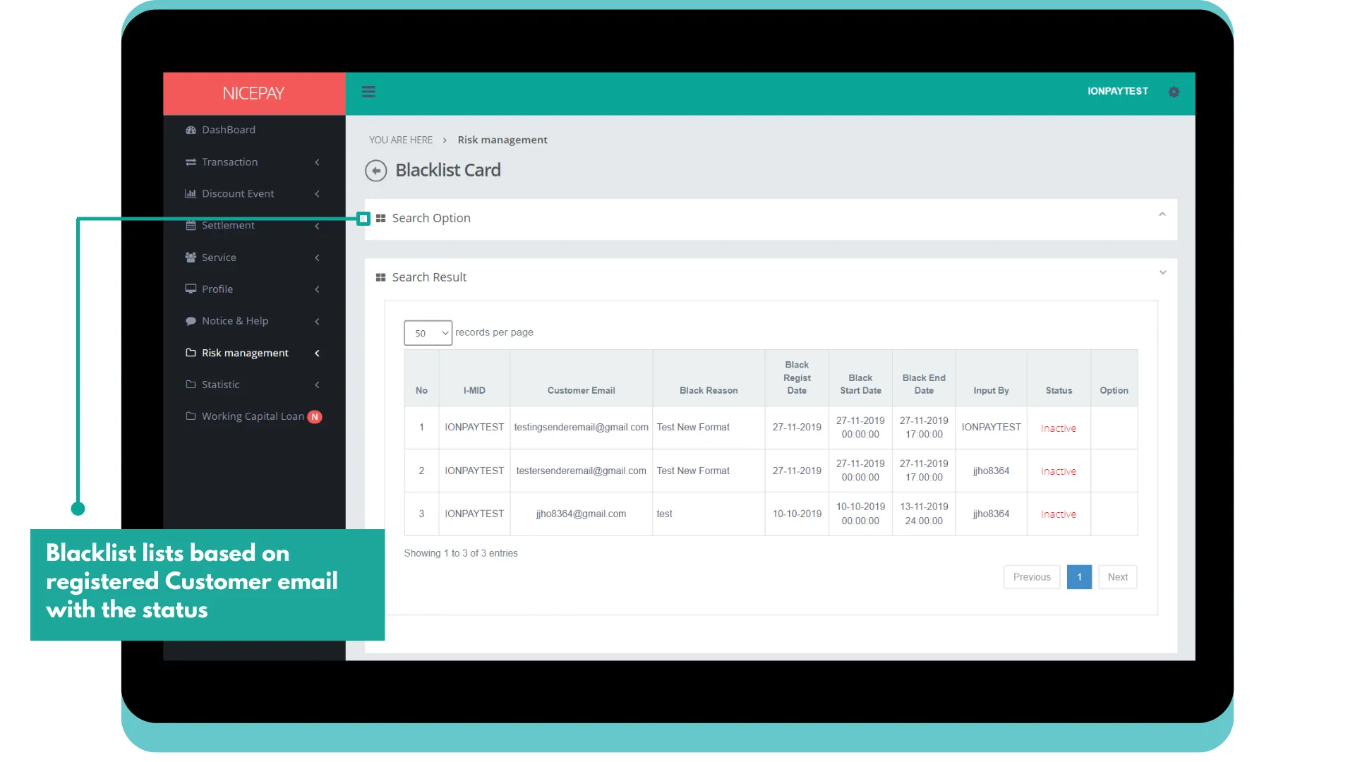 Blacklist Card - Search Result - By Customer Email Blacklist Card - Search Result - By Customer Email