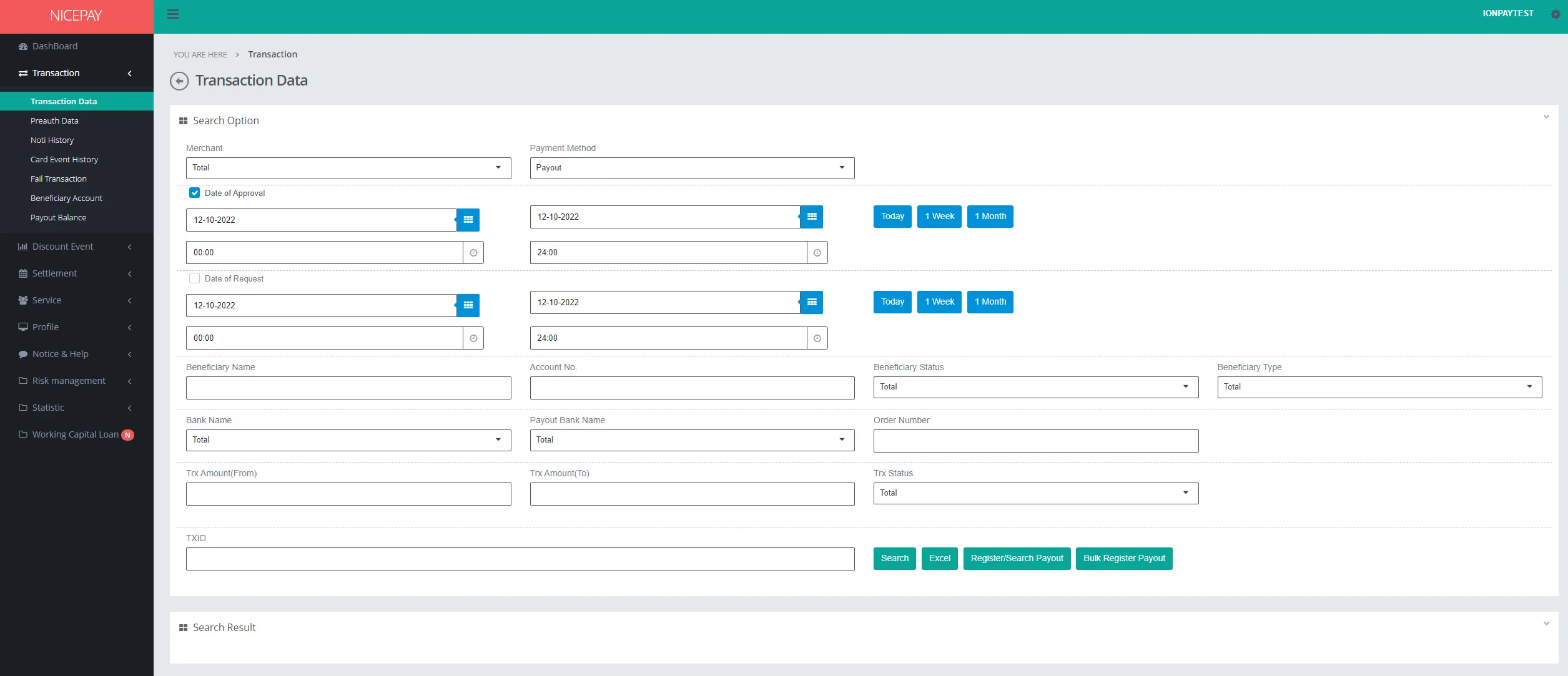 Transaction Data - Search Option - Payout