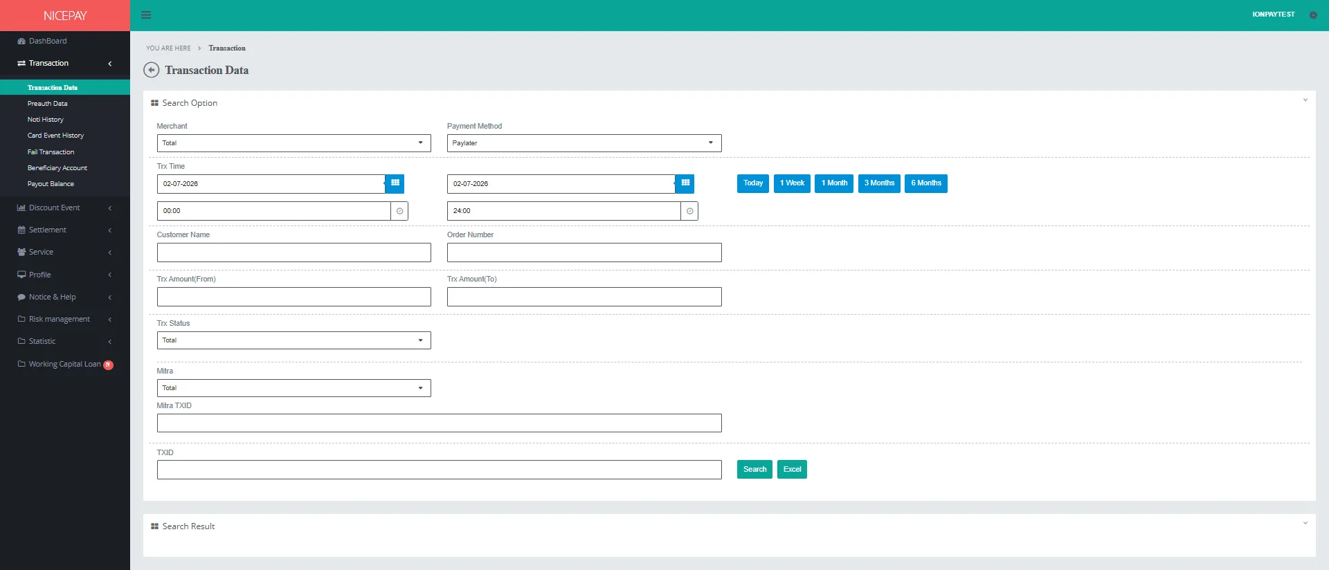 Transaction Data - Search Option - Paylater