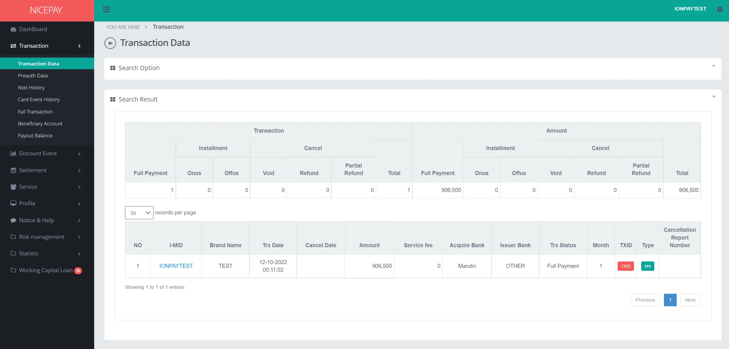 Transaction Data - Search Result - Credit Card