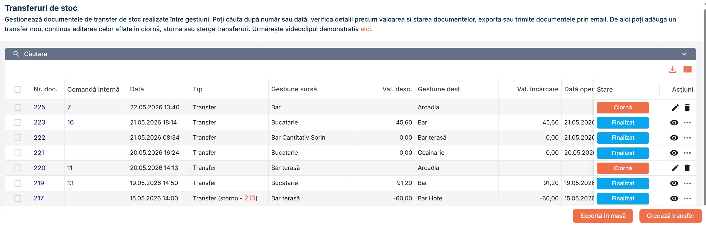 Pagina Transferuri de stoc