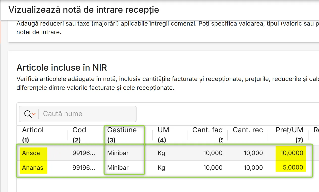 NIR cu intrare de articole pe o gestiune la un anumit preț de vânzare