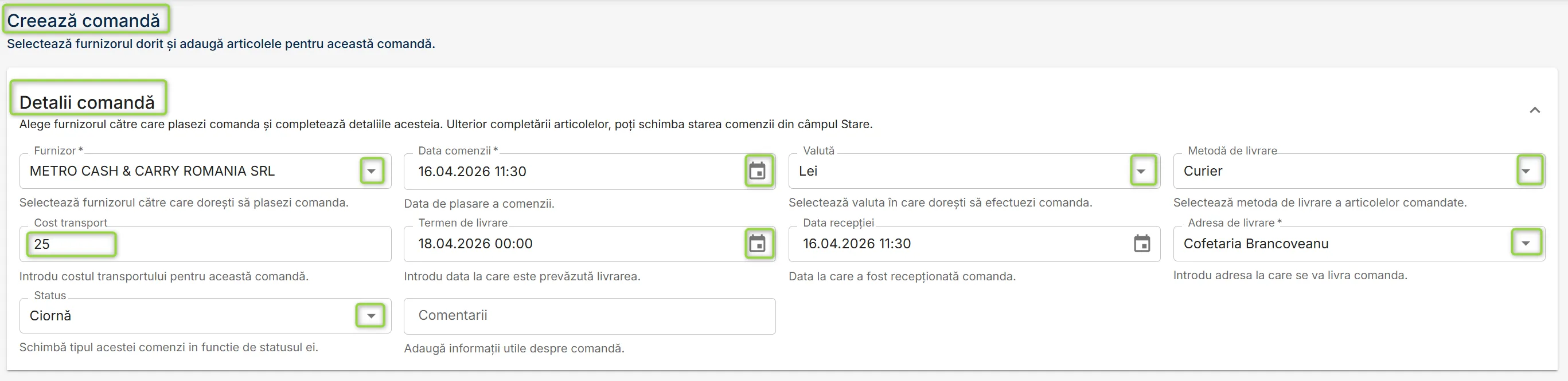 Secțiunea Detalii comandă