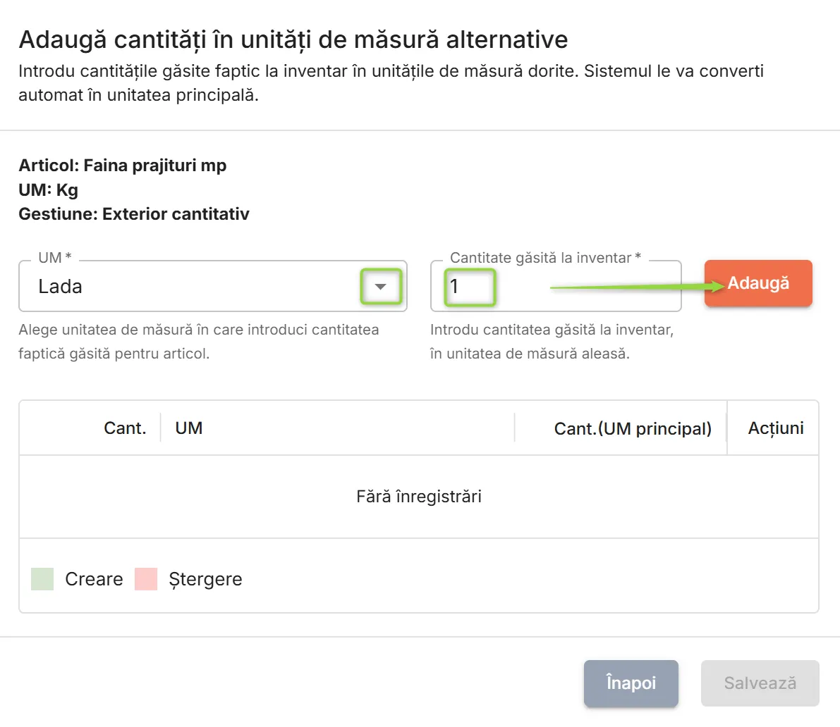 Fereastra Adaugă cantități în unități de măsură alternative Fereastra Adaugă cantități în unități de măsură alternative
