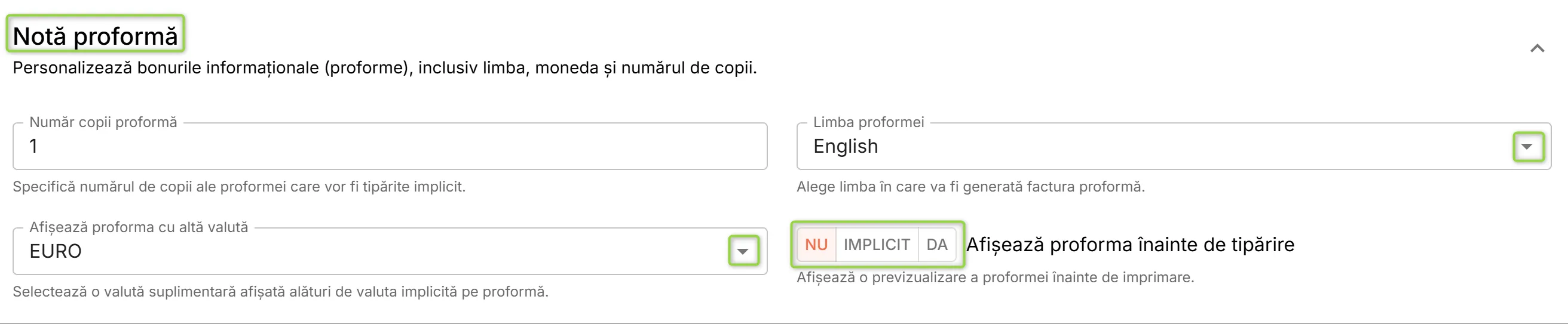 Secțiunea Notă proformă
