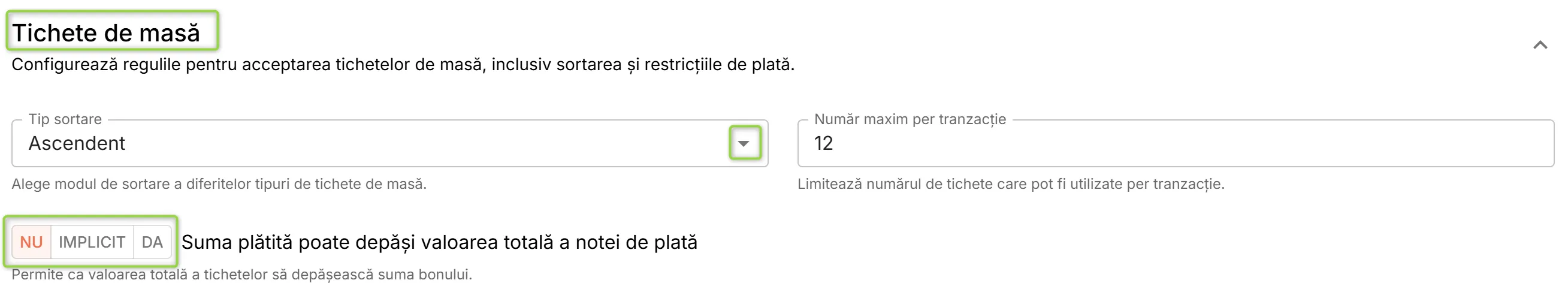 Secțiunea Tichete de masă