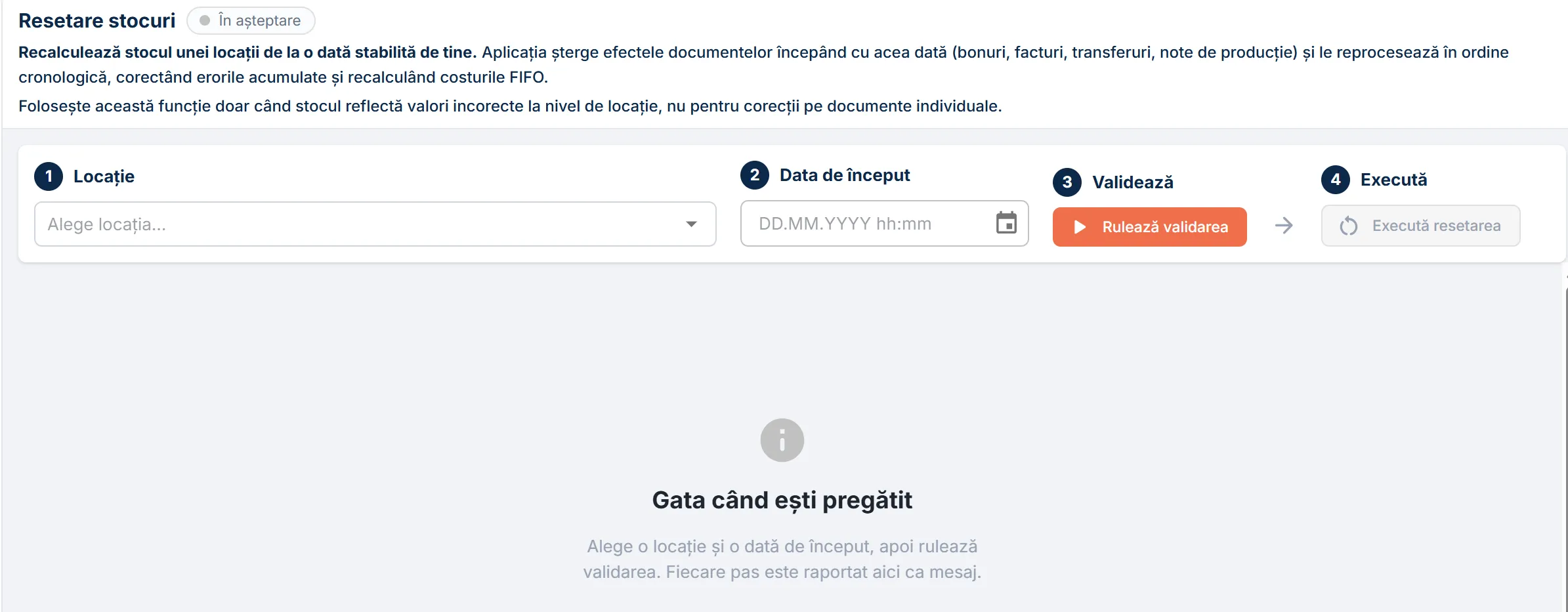 Pagina Resetare stocuri