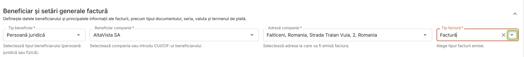 Alege tipul de factură Alege tipul de factură