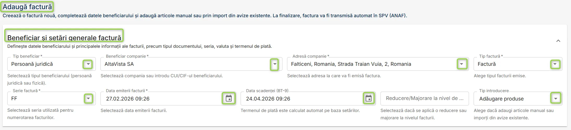Beneficiar și setări generale factură Beneficiar și setări generale factură