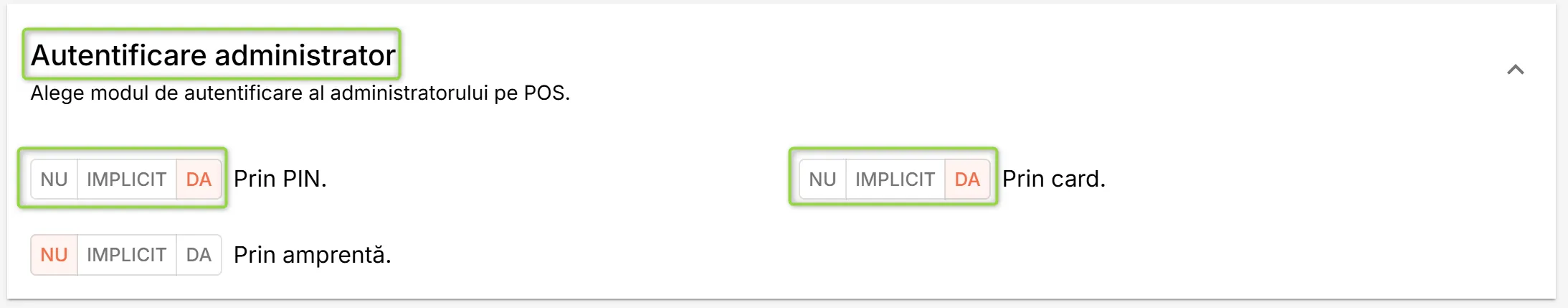 Secțiunea Autentificare administrator