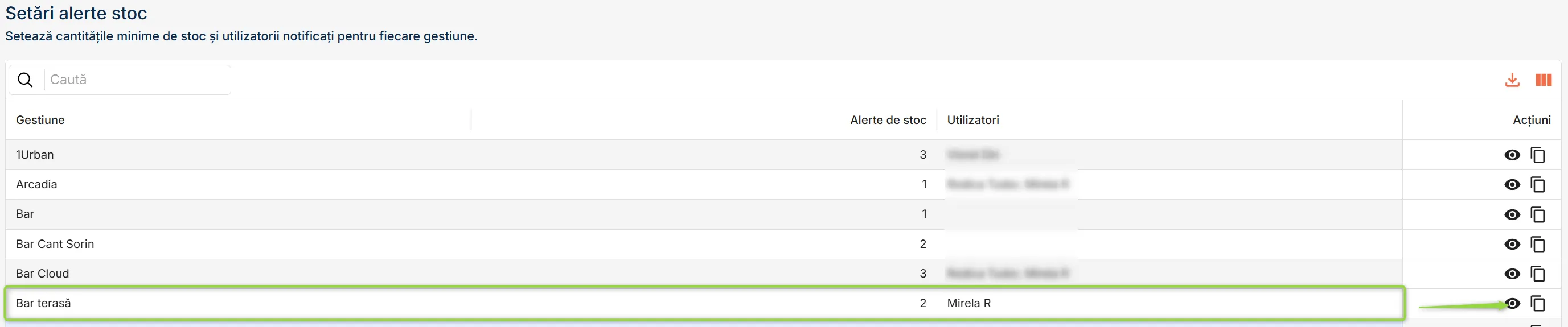 Configurarea în lista Setări alerte stoc