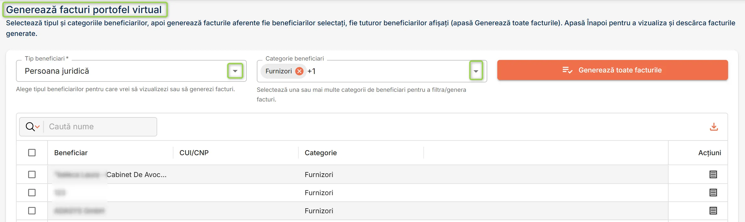 Pagina Generare facturi portofel virtual