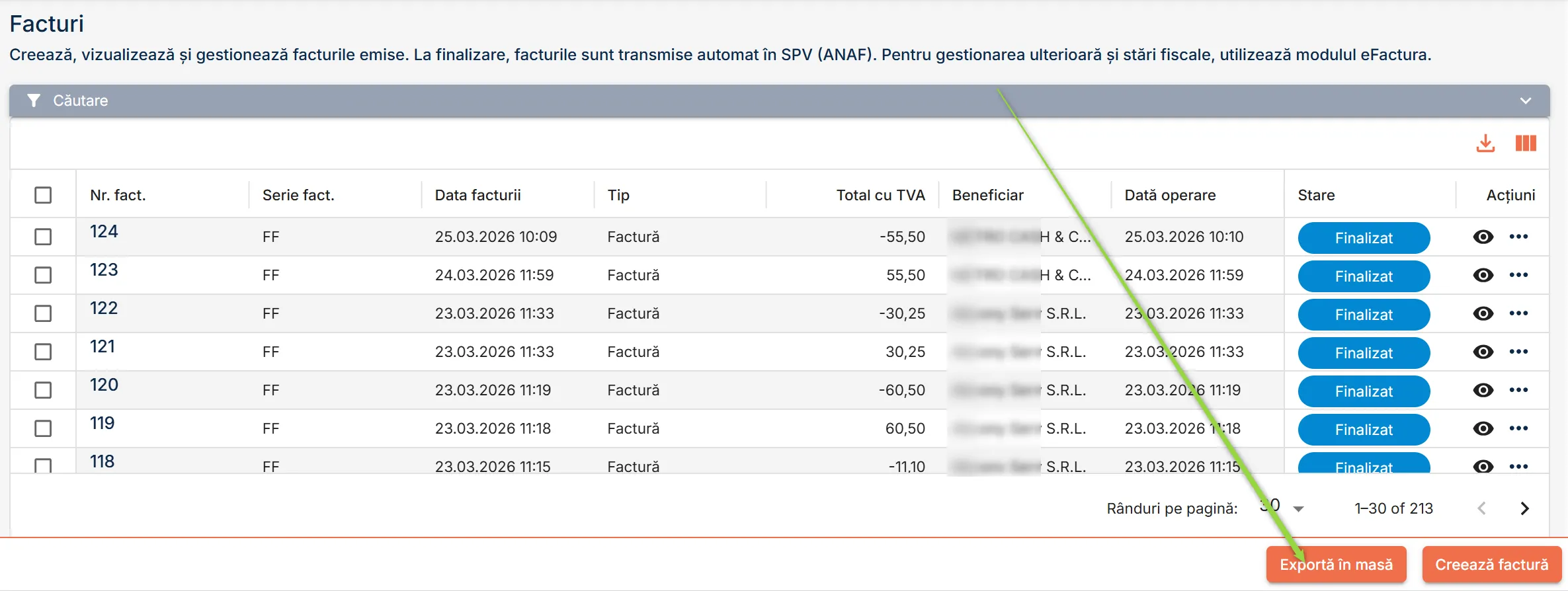 Apasă butonul Export în masă Apasă butonul Export în masă