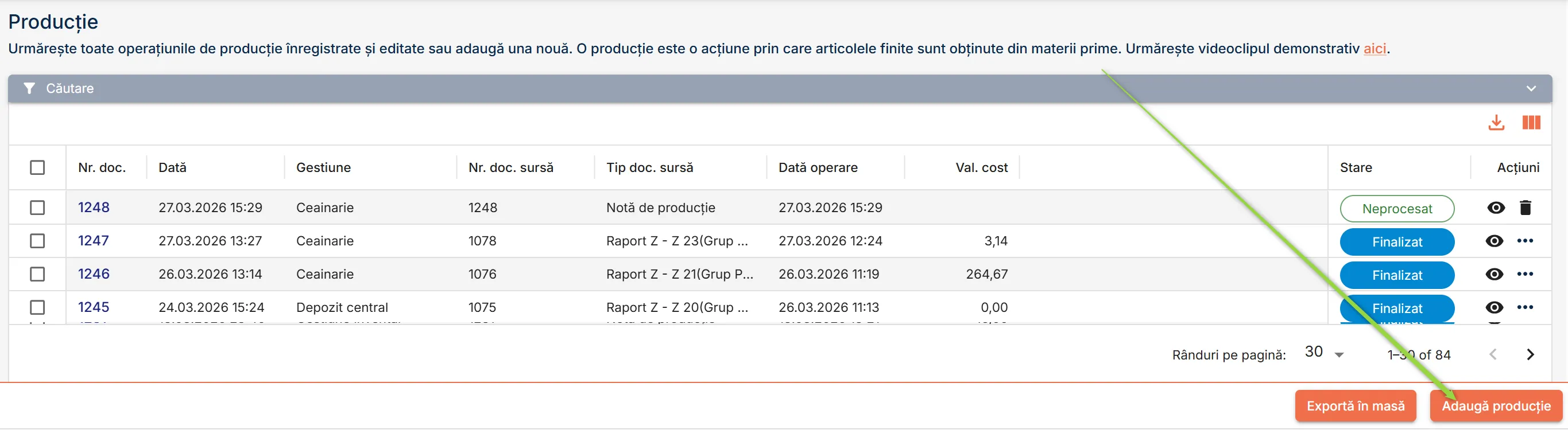 Inițiază procesul de creare a unui document de producție