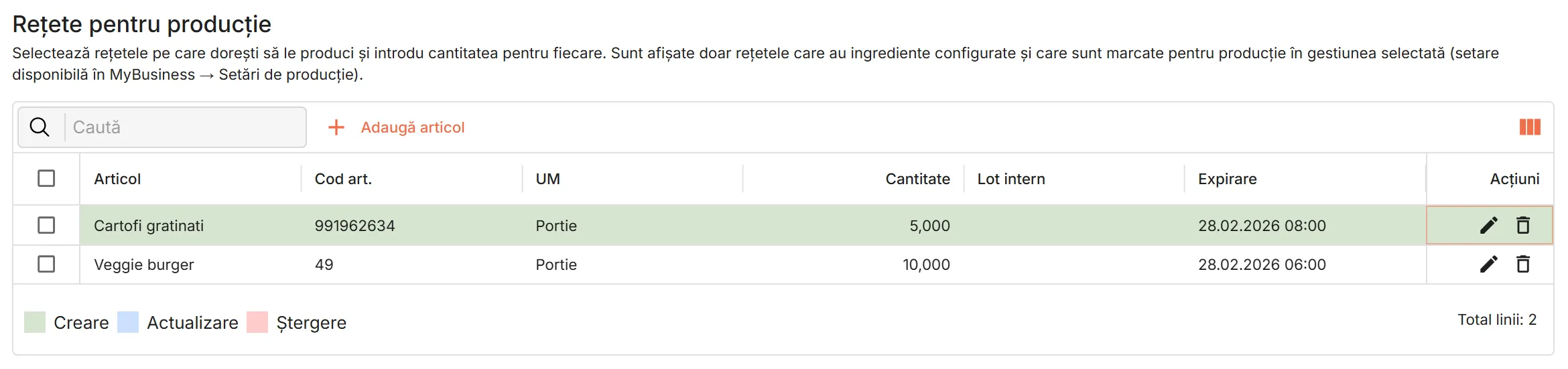 Tabelul cu rețetele pe care le vei produce