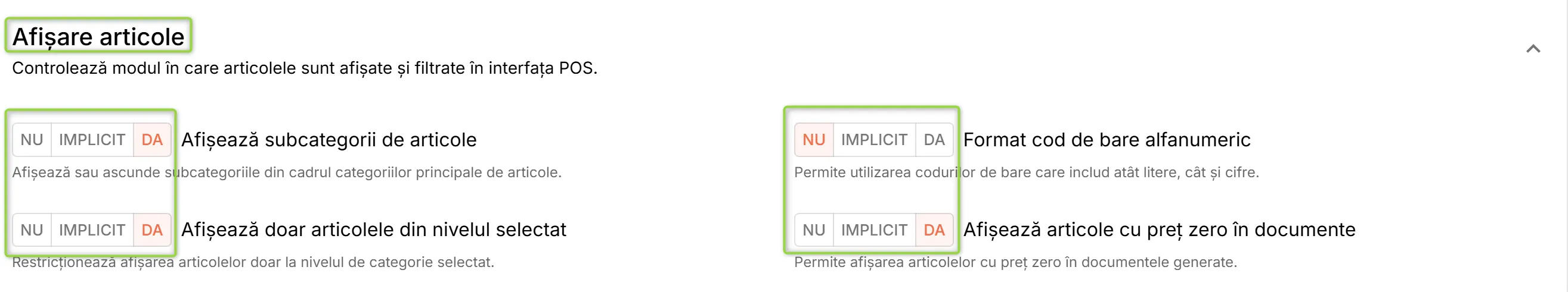 Secțiunea Afișare articole