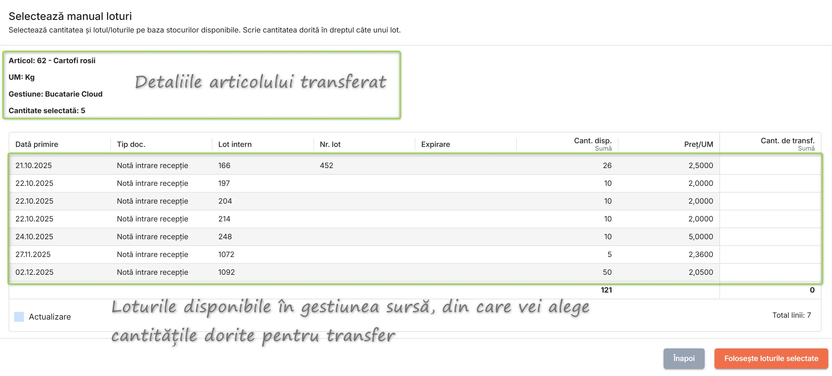 Fereastra Selectează manual loturi